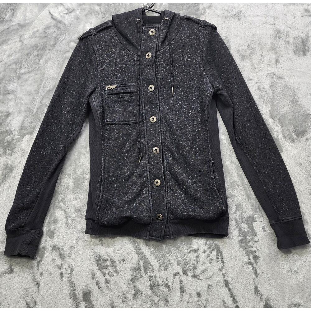 Vintage Fox Racing Jacket Women L Black Speckled Knit Button Front Hooded Casual